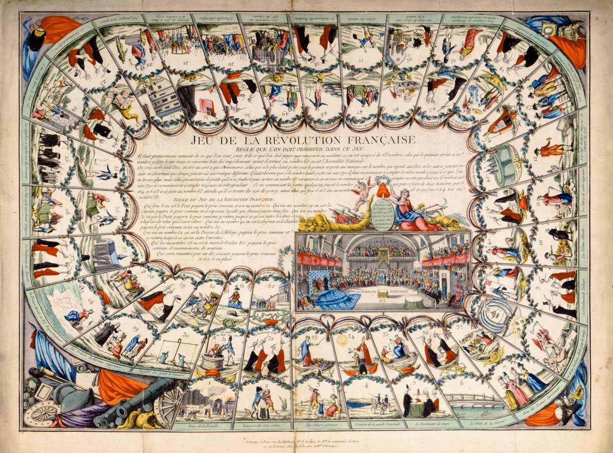 Snakes and ladders board baserat på den franska revolutionen, 1791 av French School