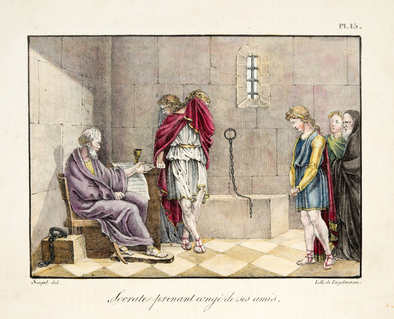 Sokrates tar avsked med sina vänner, pub. av Engelmann, ca 1835 (handfärgad gravyr)) av French School