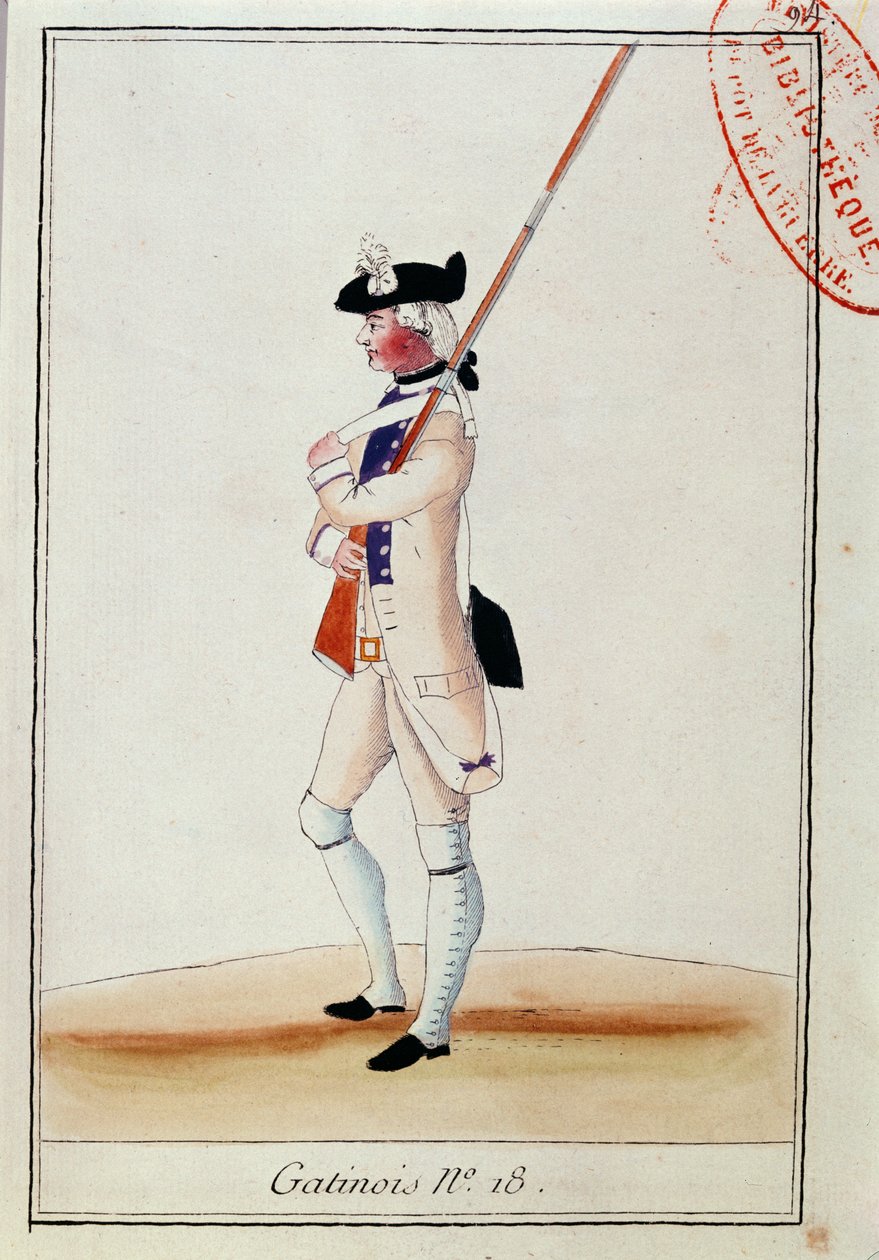 Soldat vid Grenadier Gatinois regemente, ca 1780 av French School