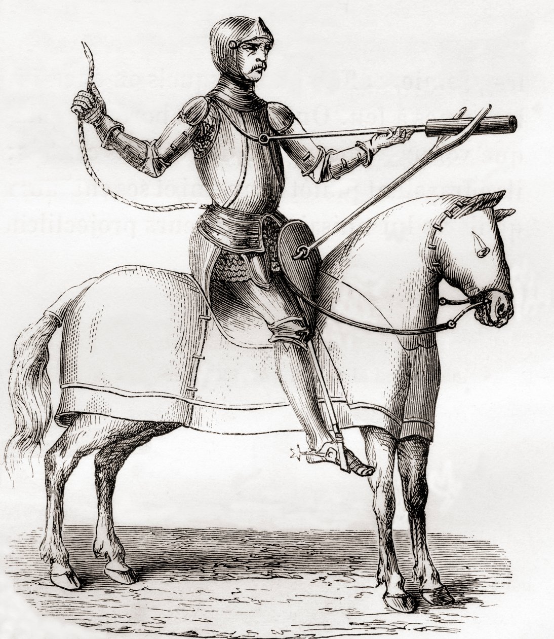 Soldat till häst med en handbombard, sent 1300-tal och tidigt 1400-tal, efter en teckning från manuskriptet av Marianus Jacobus, från Les Merveilles de la Science, publicerad ca 1870 (gravyr) av French School