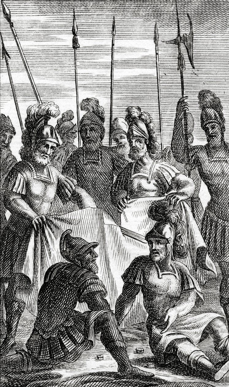 Soldater som kastar lott om uppdelningen av Jesu Kristi kläder (kopparstick) av French School