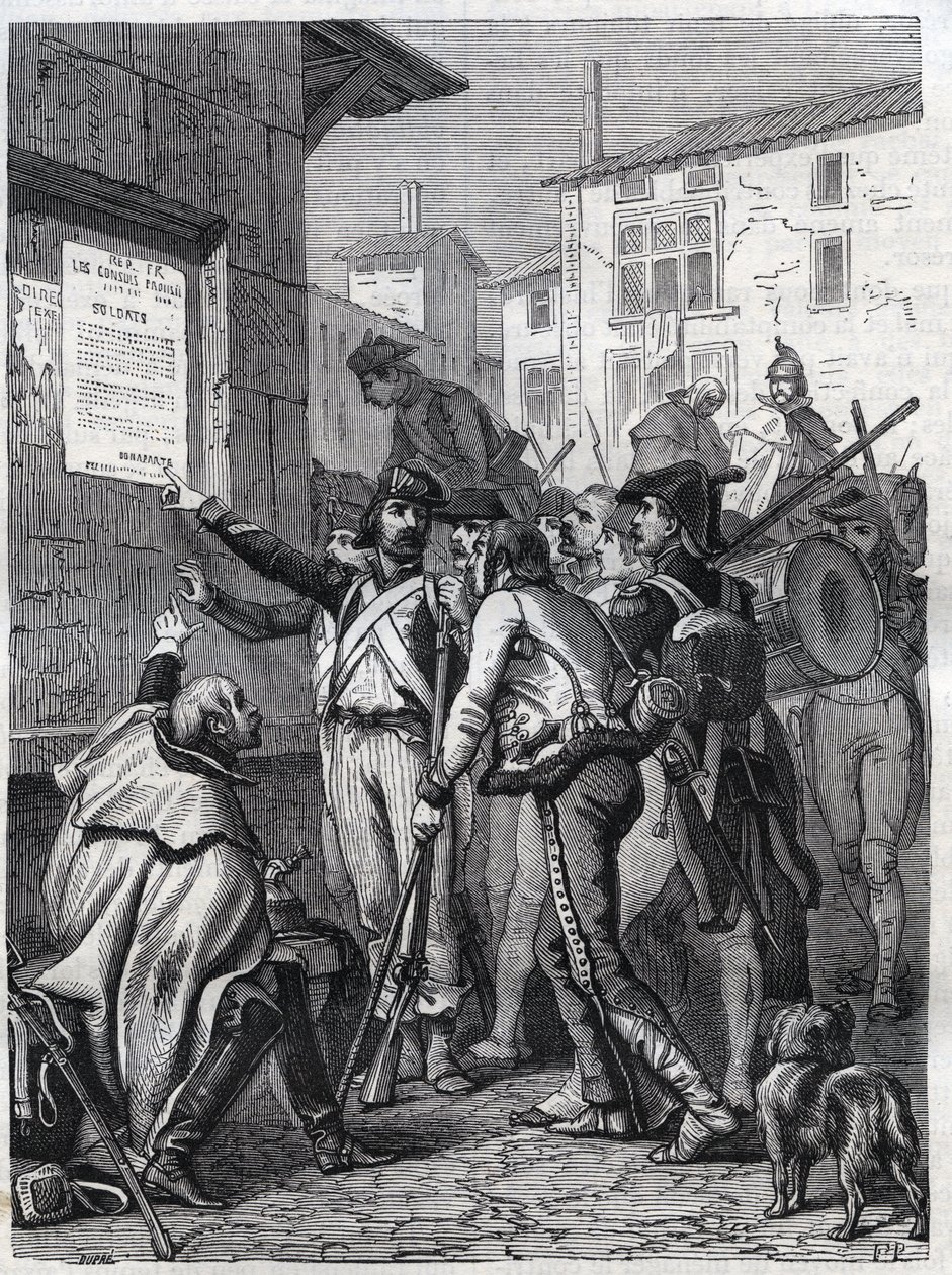 Soldater, dina behov är stora: franska soldater läser general Bonapartes proklamation i november 1799 - gravyr från 1865 i "Histoire du Consulate et de l