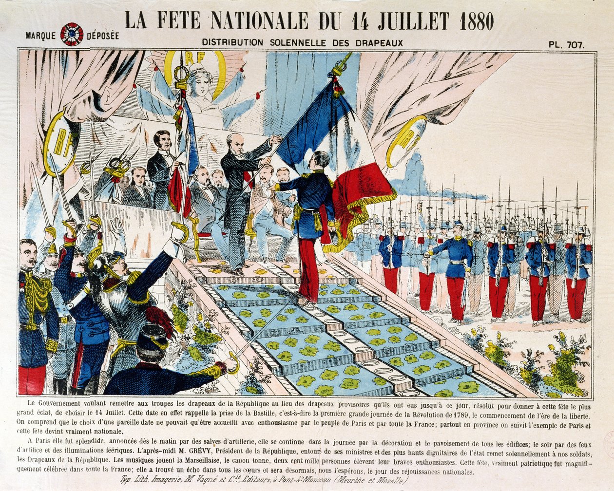 Högtidlig utdelning av flaggor i Longchamp av president Jules Grevy (1807-91), 14 juli 1880, 1880 av French School