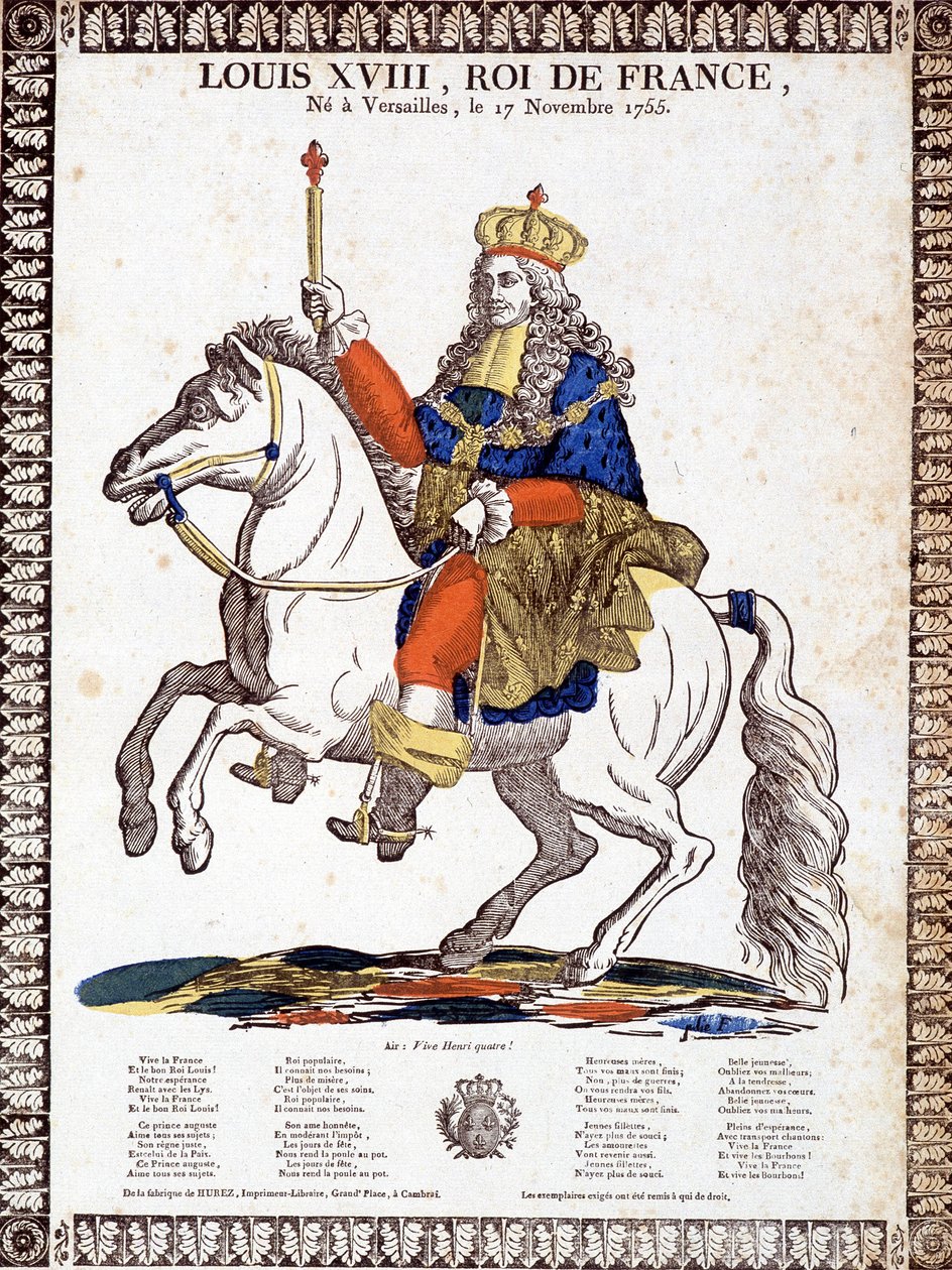 Sång till ära av kungen av Frankrike Ludvig XVIII, illustrerad av ett ryttarporträtt av kungen (gravyr) av French School