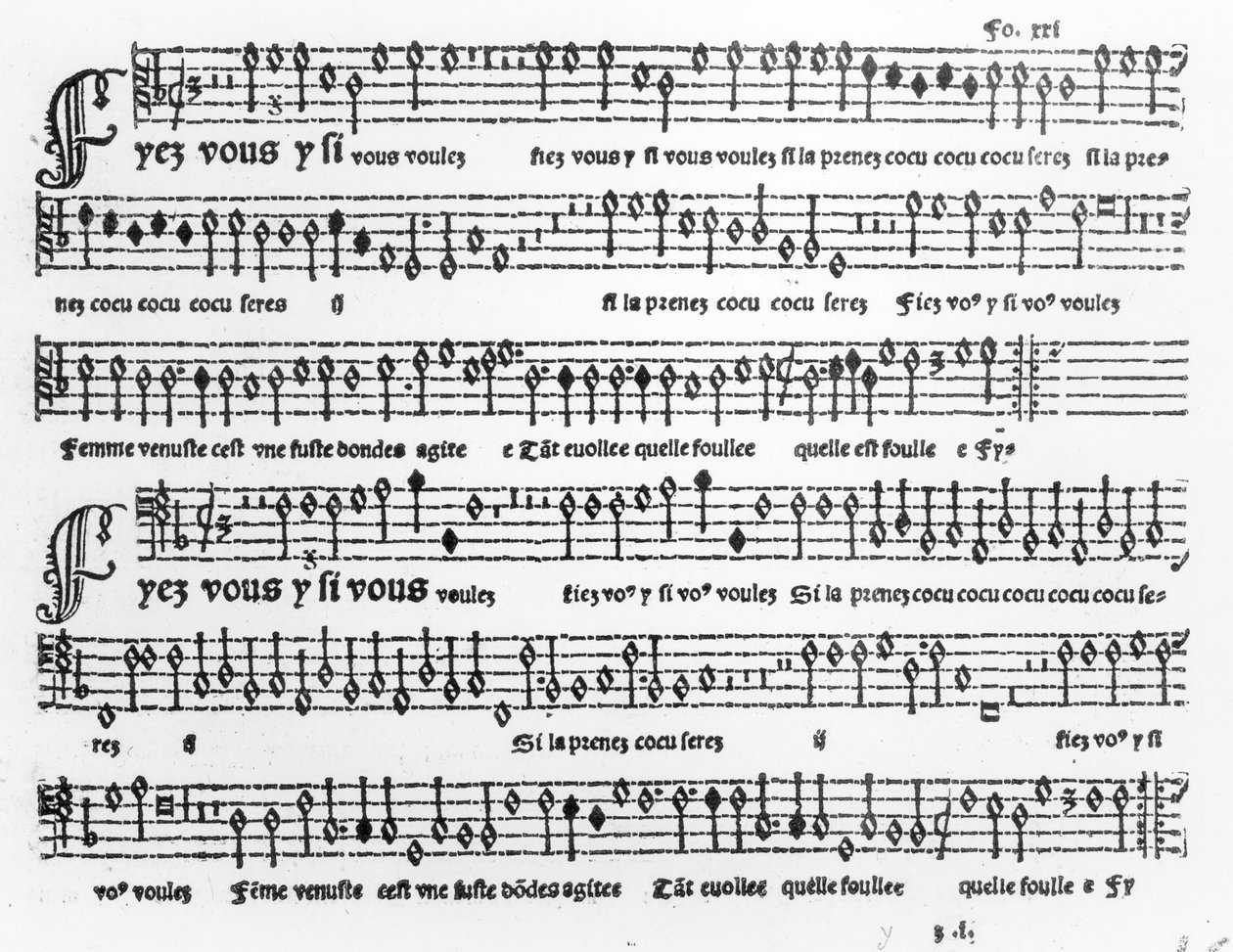 Sångblad från Chansons Musicales publicerat av Pierre Attaignant (d.1552) 1535-36 av French School