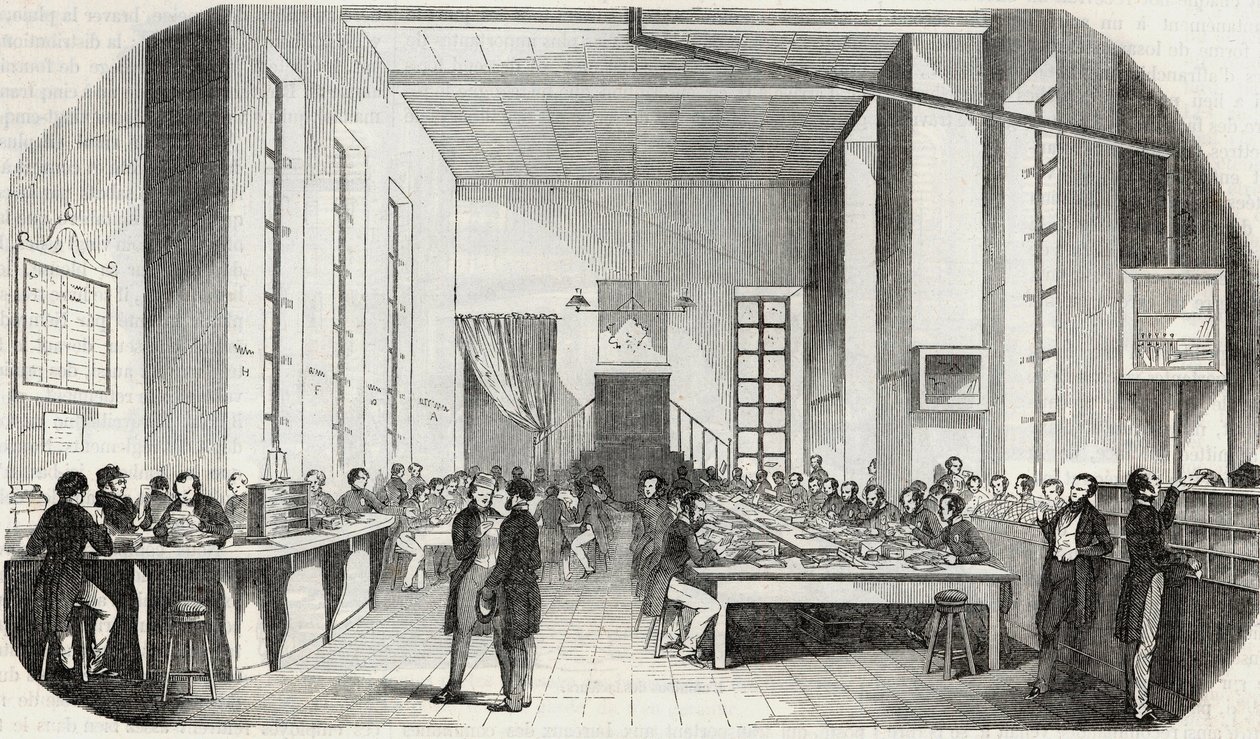 Sortering av brev från Paris - Gravyr i "" Tableau-de-Paris"" av Edmond Texier 1852 av French School