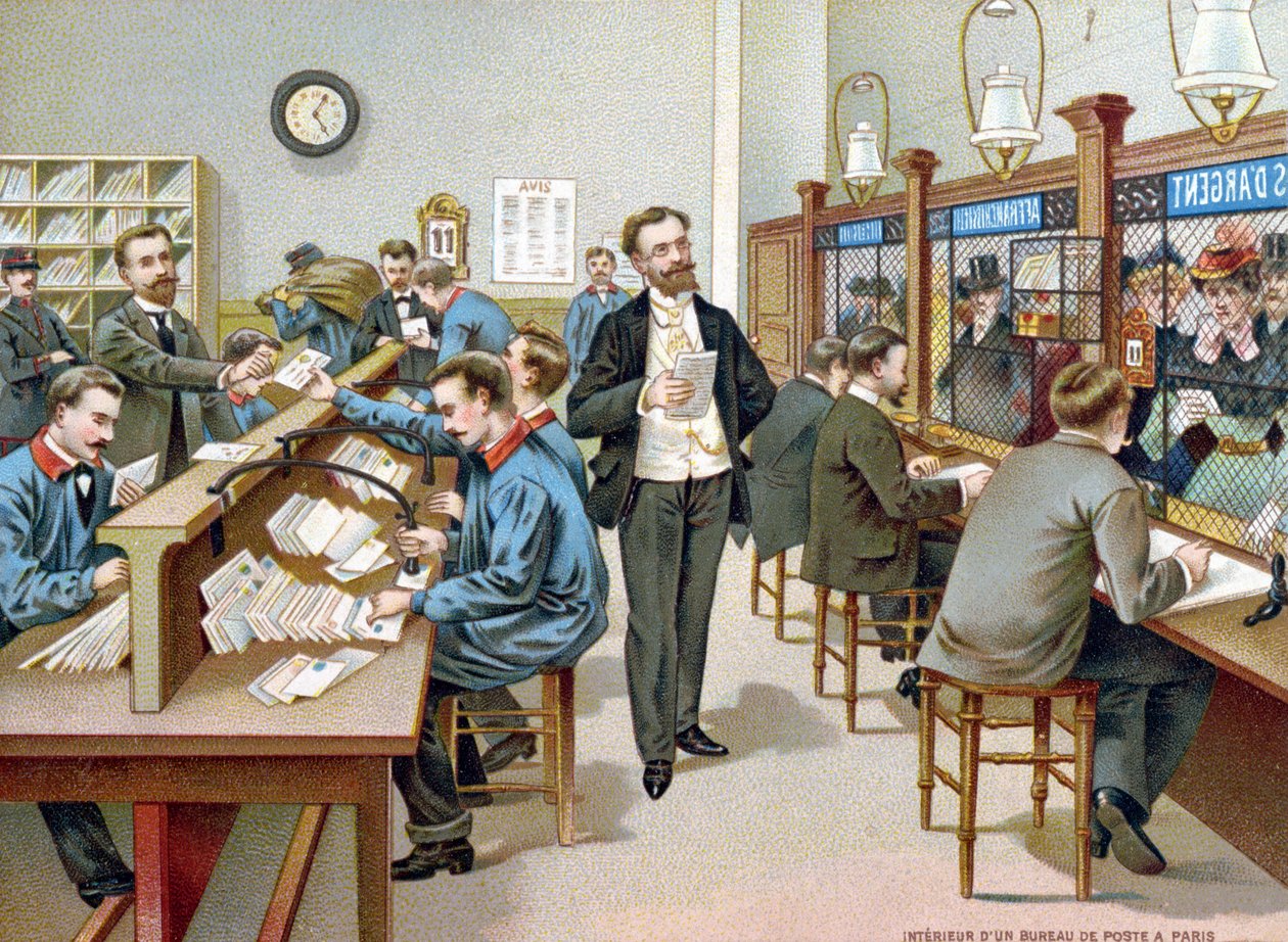 Sortera posten i ett parisiskt postkontor, illustration från en postkontorskalender, 1904 av French School