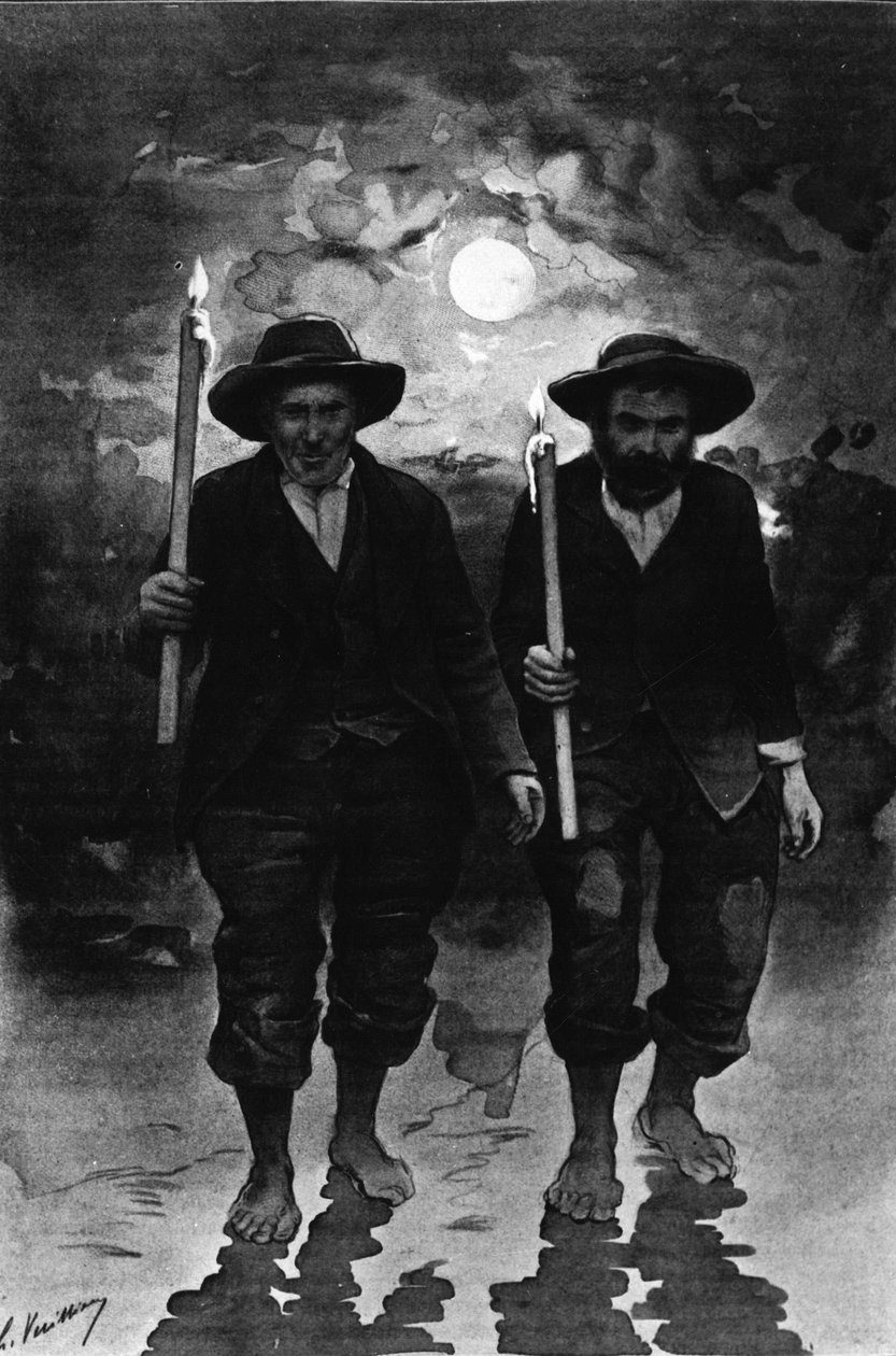 Källa och sjuka: två män, en natt fullmåne, var och en med ett ljus och går barfota (procession?) - i "Journal des voyages" av French School