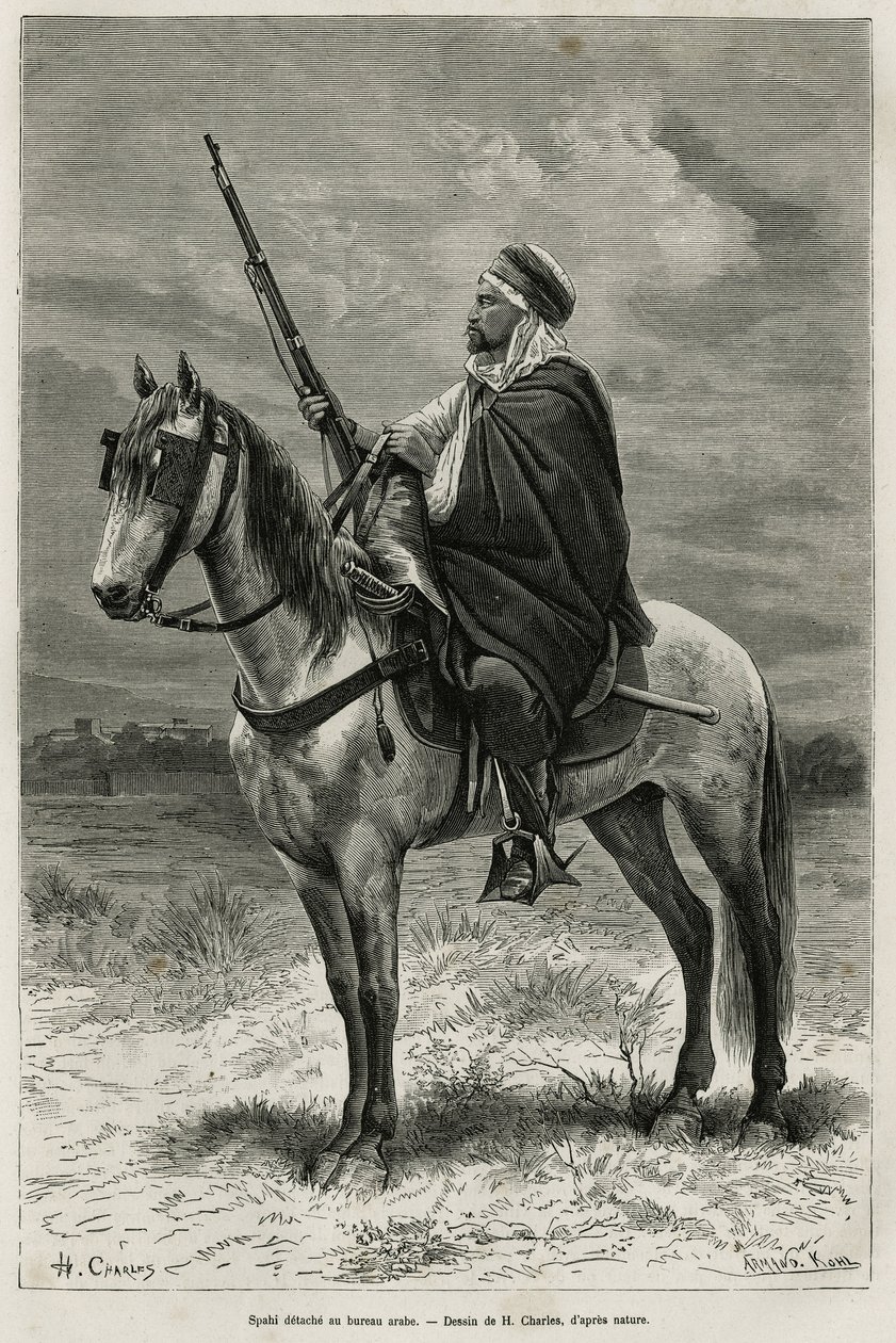 Spahi, effektiv ryttare och fruktan som bidrar till erövringen av Algeriet, i tjänst för Frankrike, lösgör sig vid det arabiska kontoret och graverar efter en teckning av H. Charles för att illustrera historien Tebessa och dess monument (Algeriet), av A. H av French School