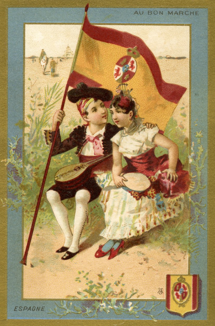 Spanska pojke och flicka, från en serie illustrationer av barn från olika länder, producerade som reklamkort för Bon Marché-varuhuset i Paris, ca 1890 av French School