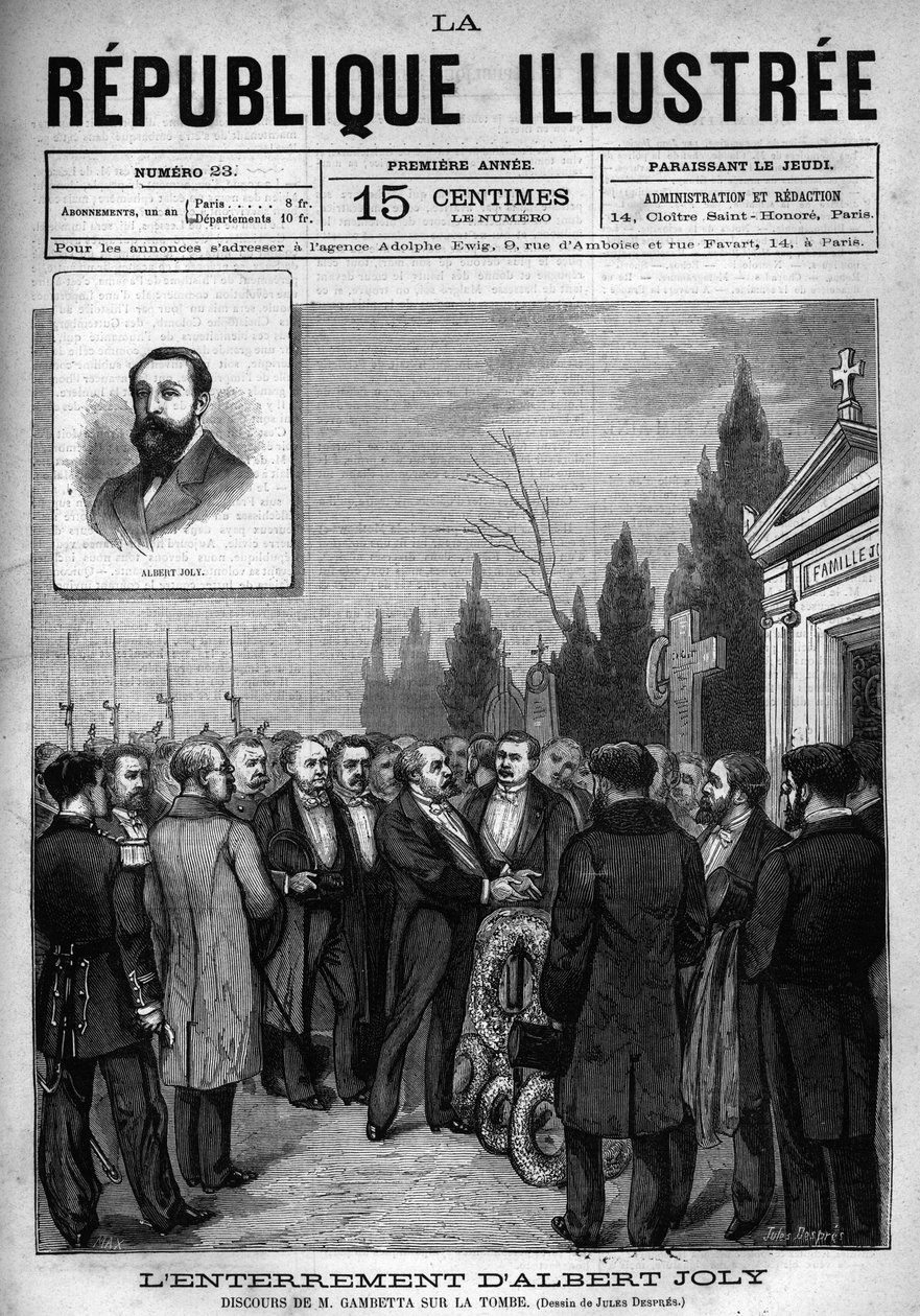 Tal av Leon Gambetta (1838-1882) vid begravningen av deputerade Albert Joly (1844-1880) på kyrkogården i Versailles. En tidning. Gravyr från 1880 i "La republique illustree"" privat samling. av French School