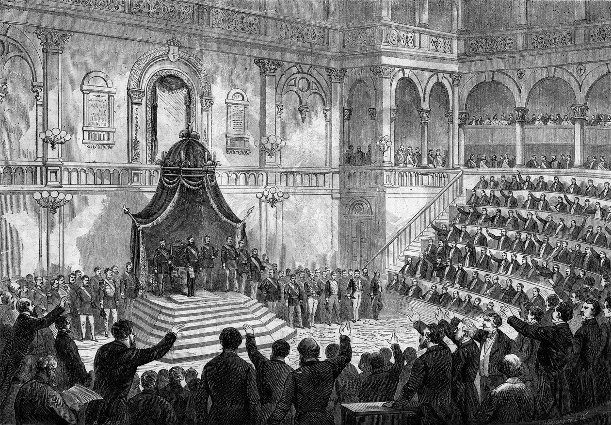 Tal av kungen av Italien Victor Emmanuel II (Vittorio Emanuele) (Victor-Emmanuel) (1820-1878) vid öppnandet av de italienska staternas session i parlamentet i Turin av French School