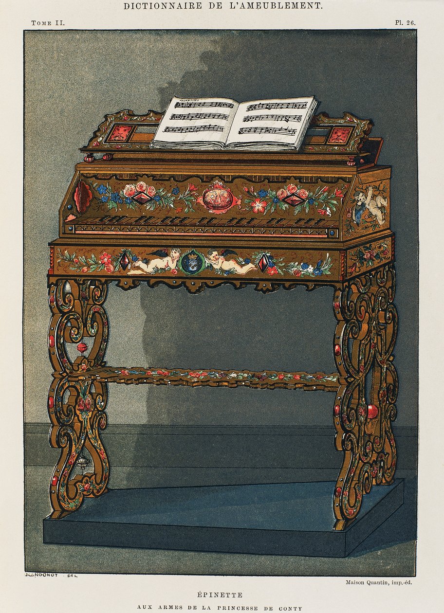 Spinet med prinsessan av Contis vapen, illustration från Dictionary of Furniture and Decoration, av Henry Havard, volym I av French School