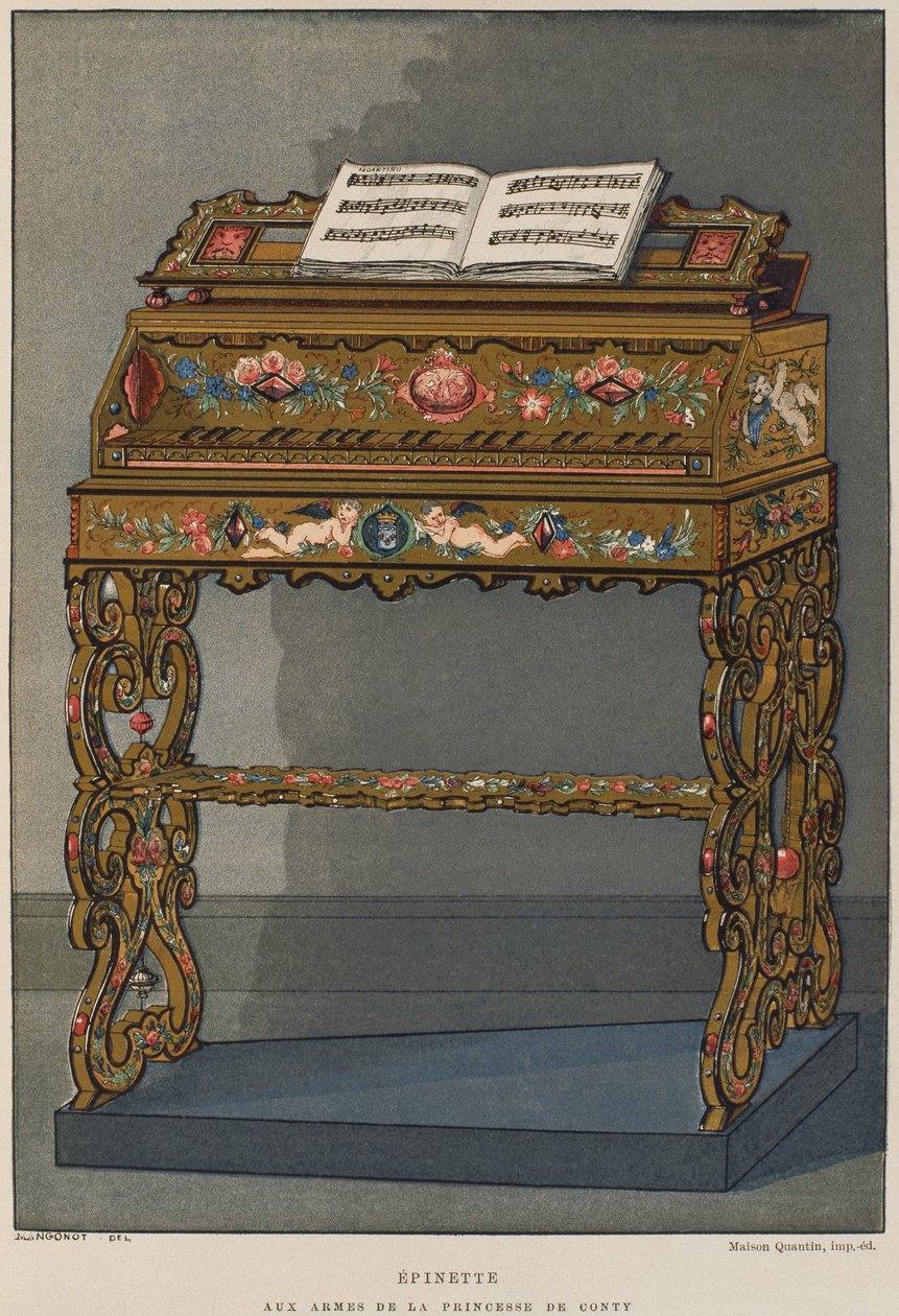 Spinett med prinsessan av Contis vapen, illustration från Dictionnaire de lameublement et de la dekoration av Henry Havard, volym 2, tallrik 26, Paris, Maison Quantin, 1878 (färg litho av French School