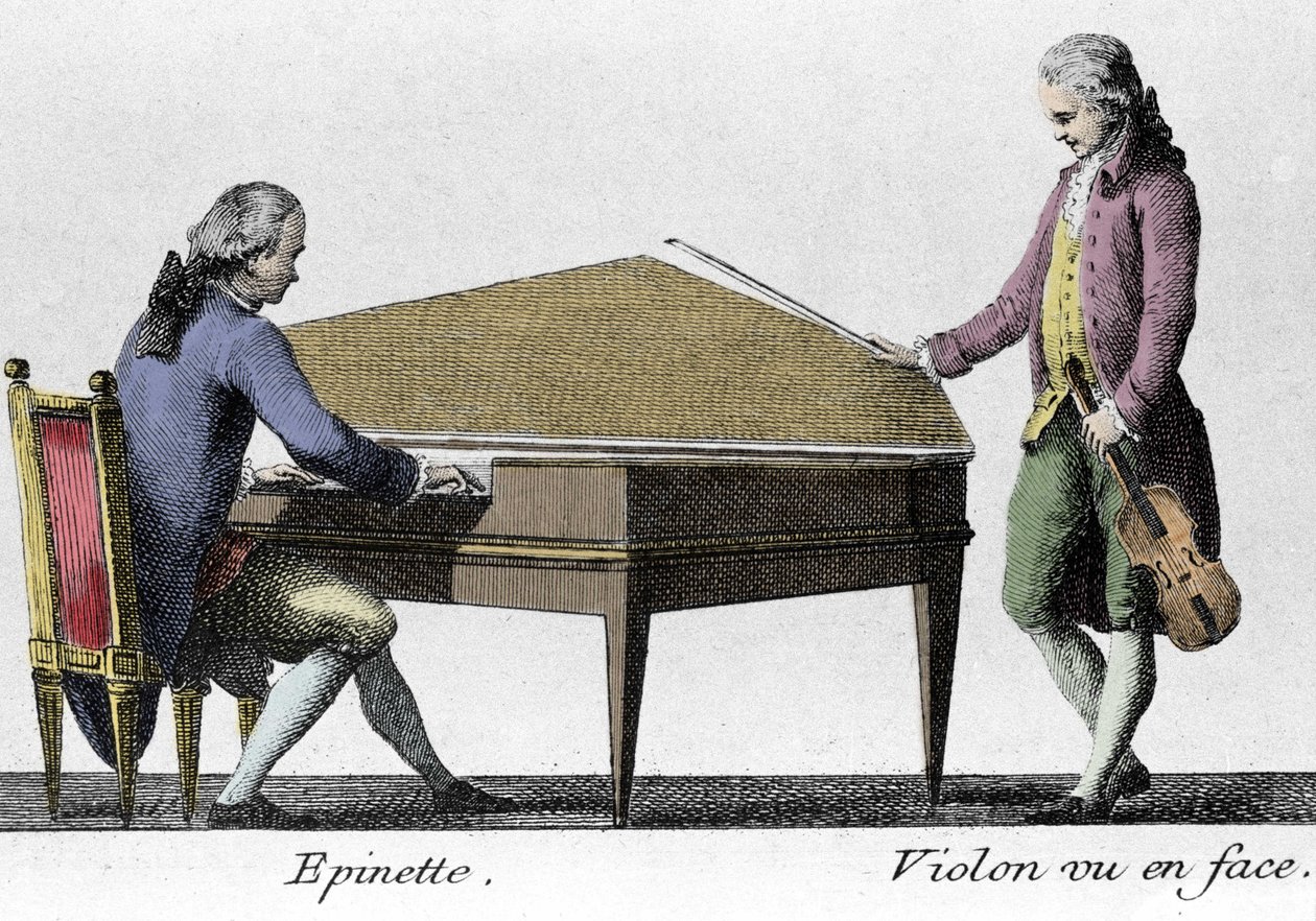 Spinett och fiolspelare. Gravyr från slutet av 1700-talet. av French School