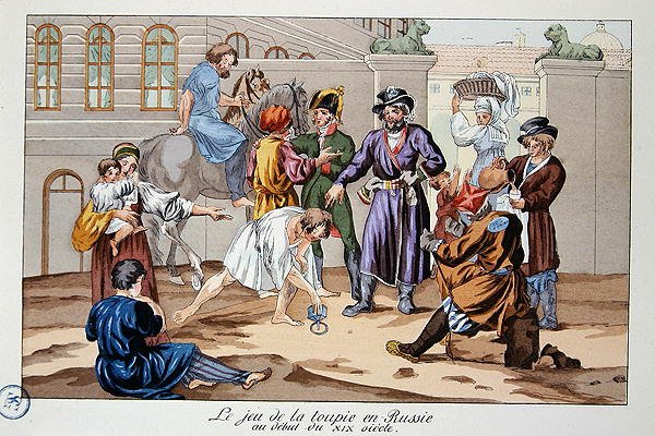 Snurra toppspel i Ryssland i början av 1800-talet (färglitografi) av French School