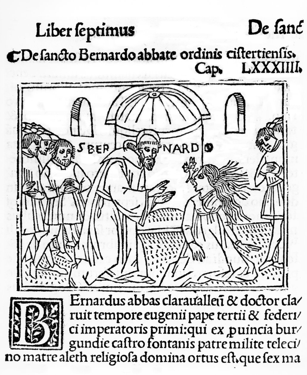 St Bernard av Clairvaux exorcierar en besatt kvinna, illustration från La Vie des Saints publicerad 1506 av French School