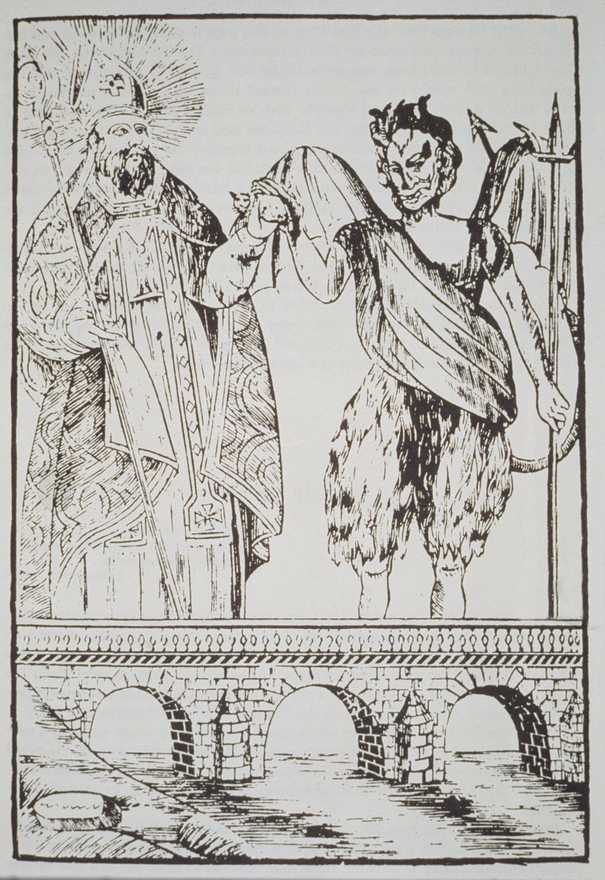 St. Cado och djävulen, kopia av ett populärt franskt tryck, illustrerad i en magisk historia publicerad i slutet av 1800-talet av French School