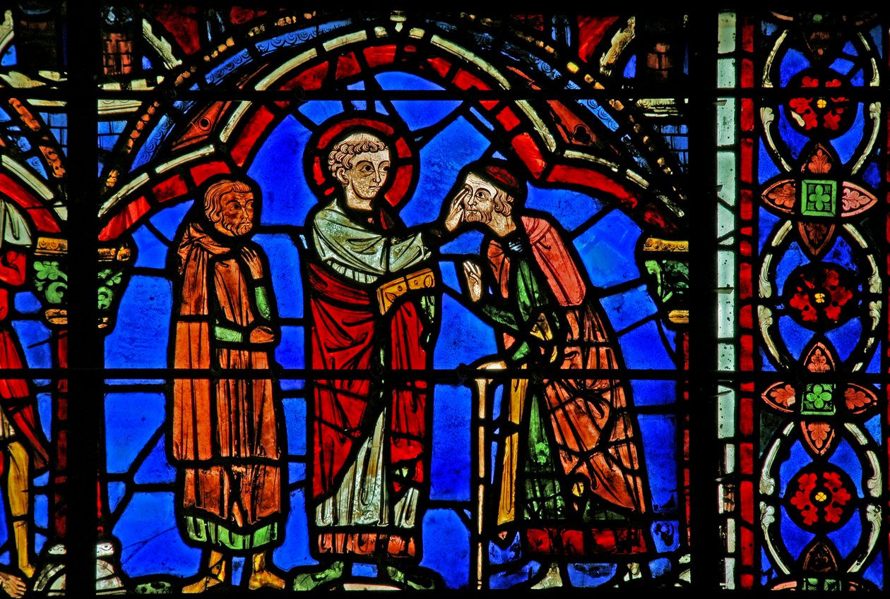 St Cheron-fönster: helar en blind person (w15) av French School
