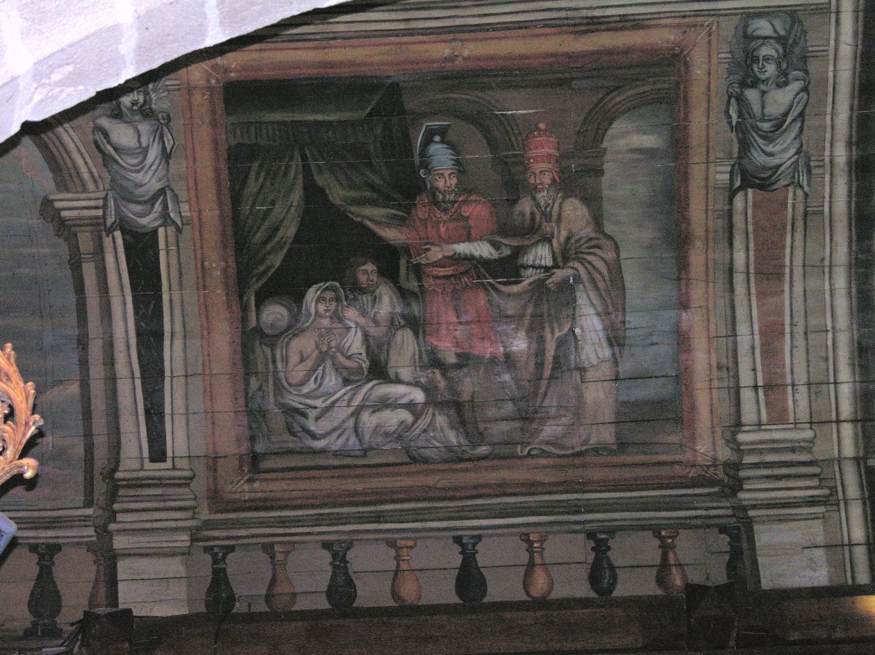 St. Cornely utför ett mirakel (målat trä) av French School