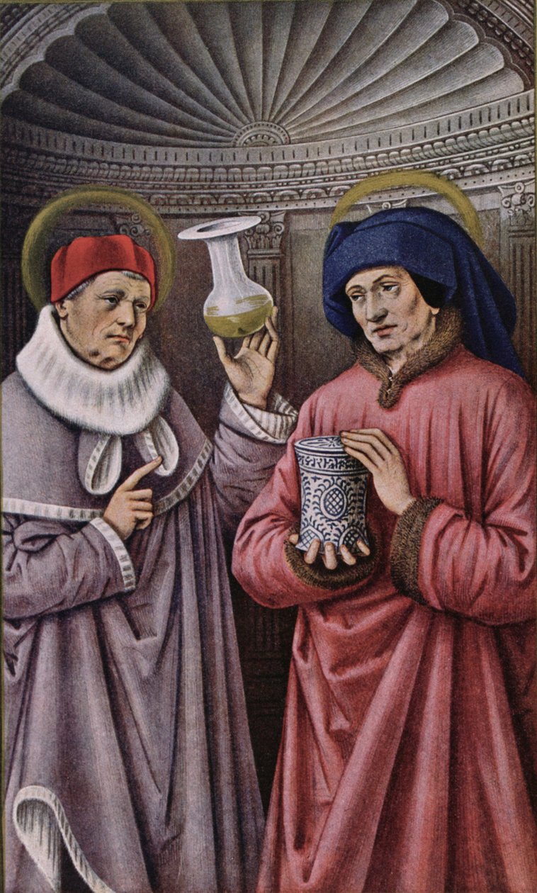 St. Cosmas och St. Damian, skyddshelgon för läkare och apotekare, kopia från en timbok av Anne av Bretagne av French School
