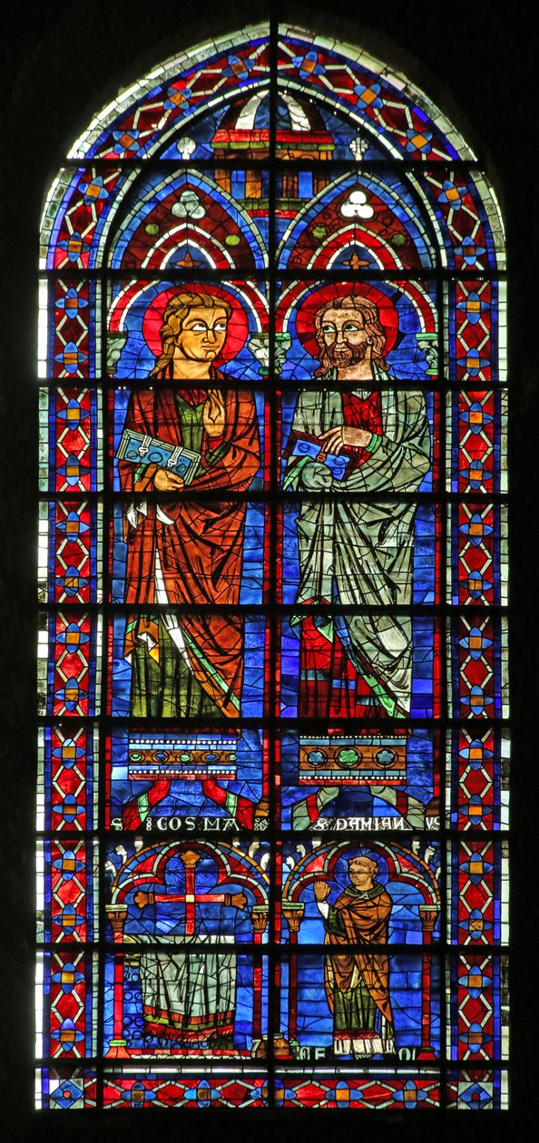 St Cosmos och St Damien; donatorpräst Geoffrey, (w120) av French School