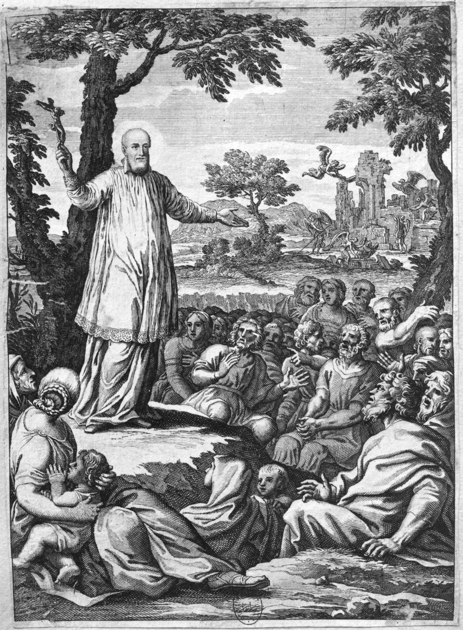 St Francis of Sales (1567-1622) predikar för kättarna i Chablais (gravyr) (bw foto) av French School