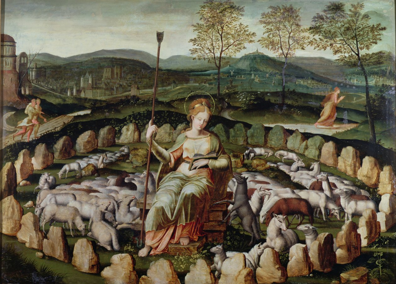 St. Genevieve som vaktar sin flock av French School