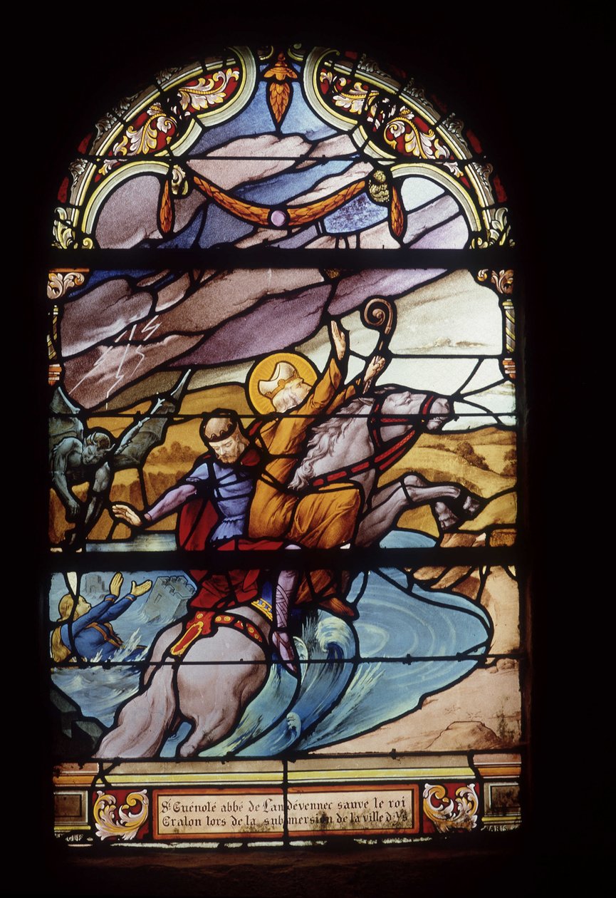 St Guenolé, abbot av Landévennec, räddar kung Gralon under översvämningen av staden Ys - målade glasfönster i St Germain-kyrkan i Kerlaz av French School