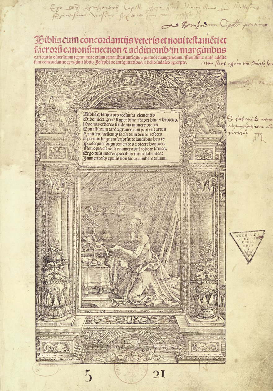 St. Hieronymus i hans Studiolo, titelsida för en bibel, tryckt av J. Marion, Lyon, 1521 av French School