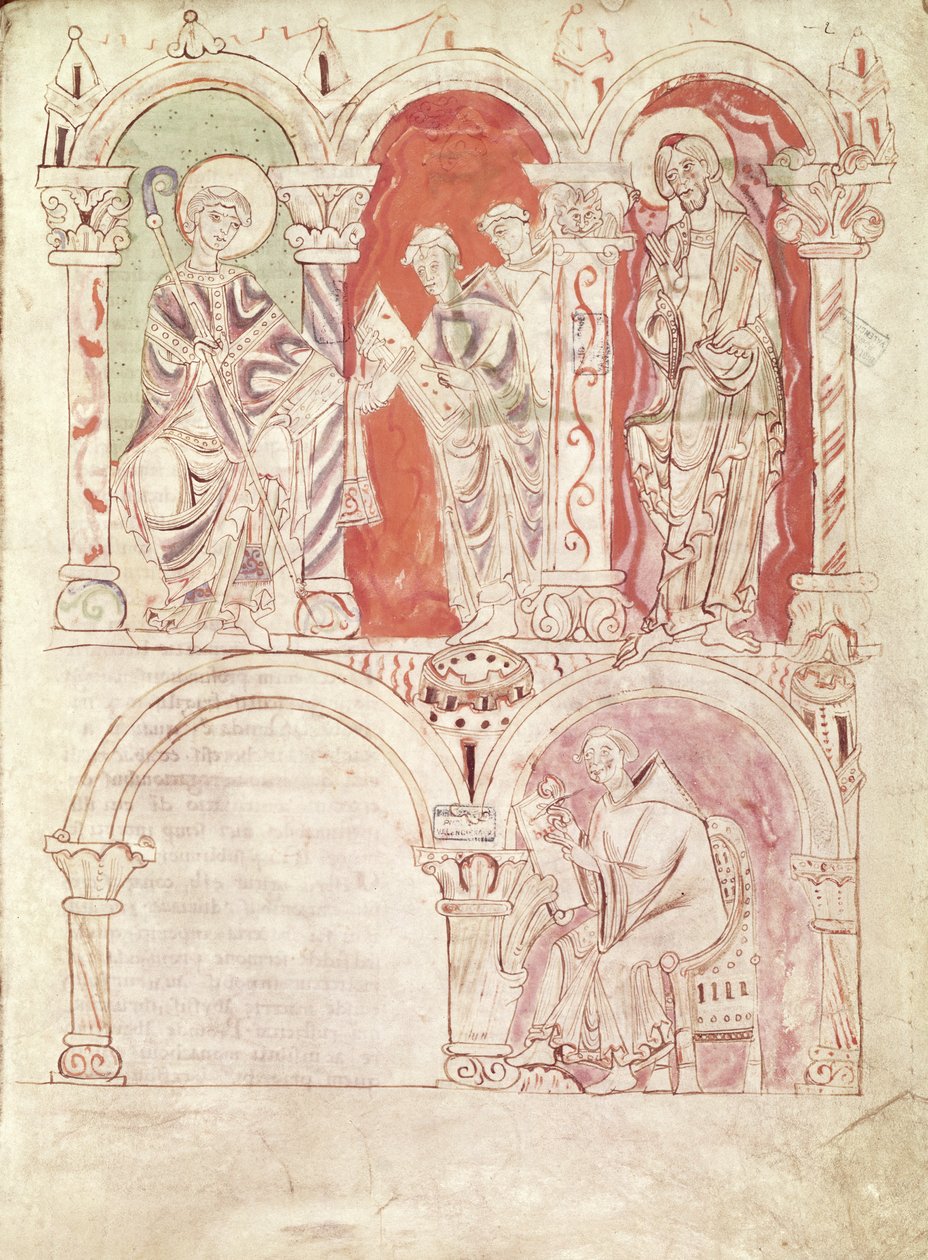 St. John Cassianus (360-c.435) skriver och munkar erbjuder boken till klostrets beskyddare, från Collationes av Cassian, från klostret St. Amand av French School