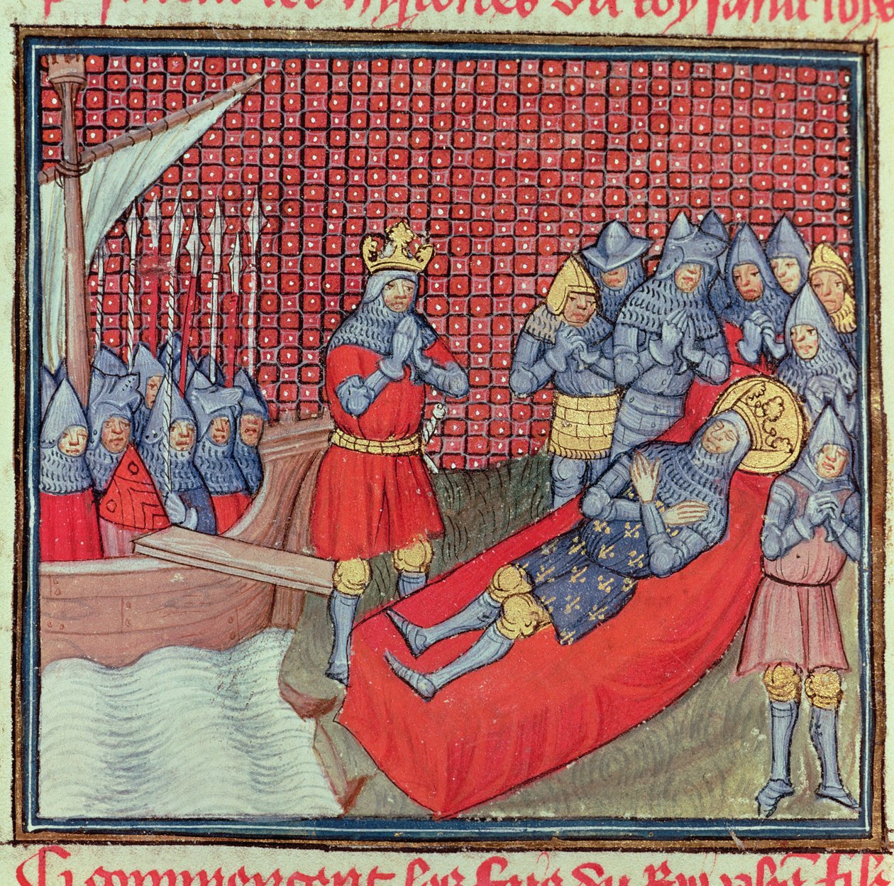 St. Louis dör i pesten den 25 augusti 1270 under korståget mot Tunis, från manuskriptet "Grands Chroniques de France" (vellum) av French School