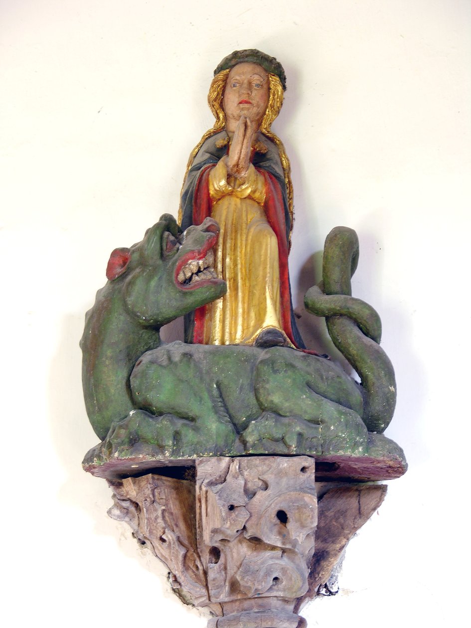 St. Margareta av Antiokia (polykromt trä) av French School