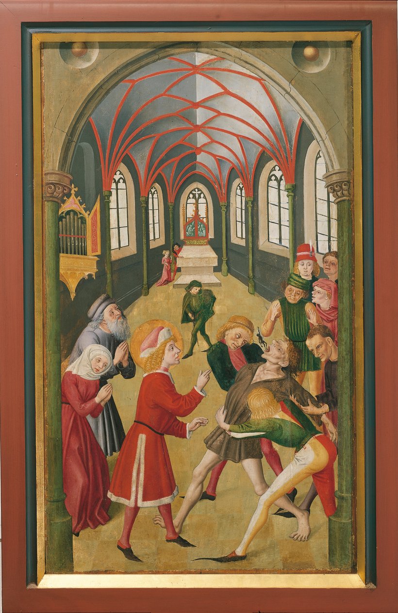 St. Martin exorcierar en besatt person (olja på duk) av French School