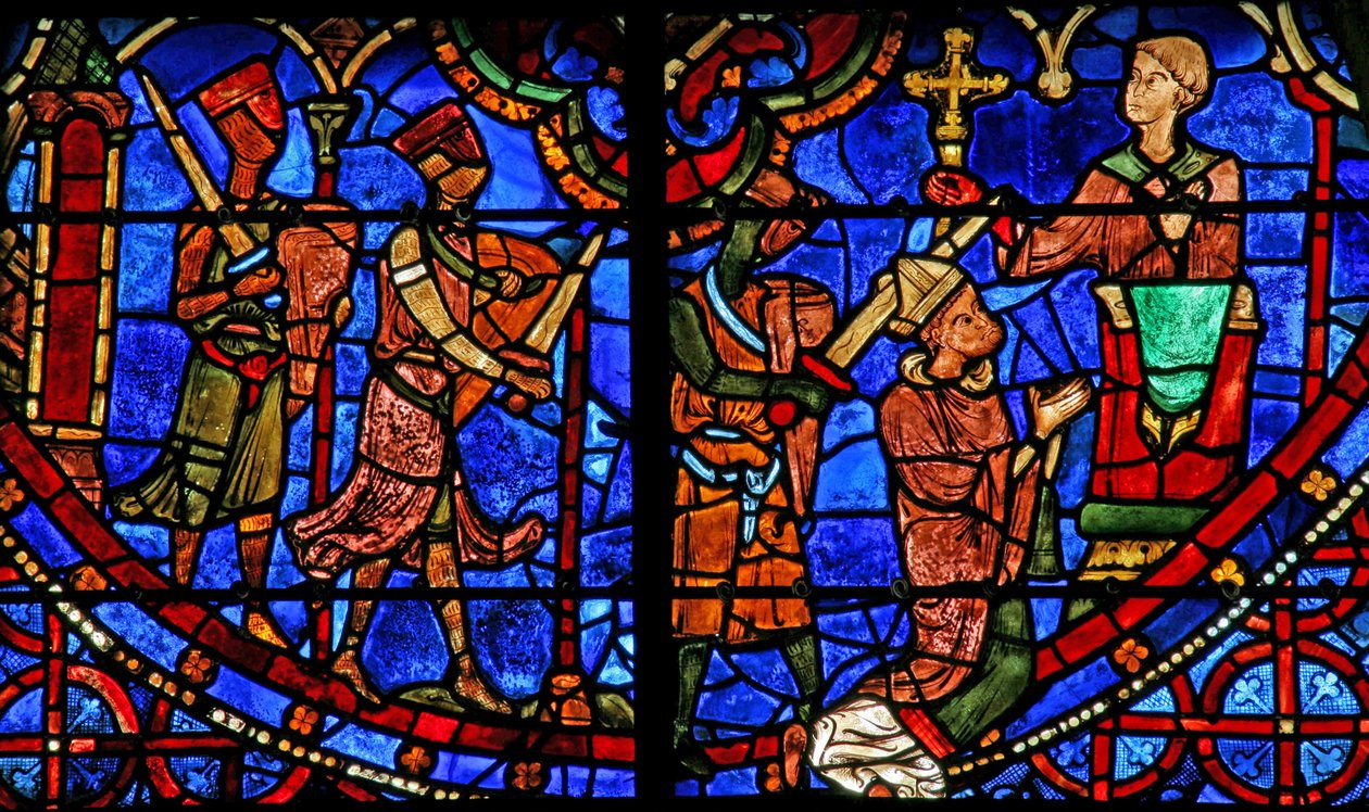 St Thomas Becket ber innan han mördas av 3 riddare (w18) av French School