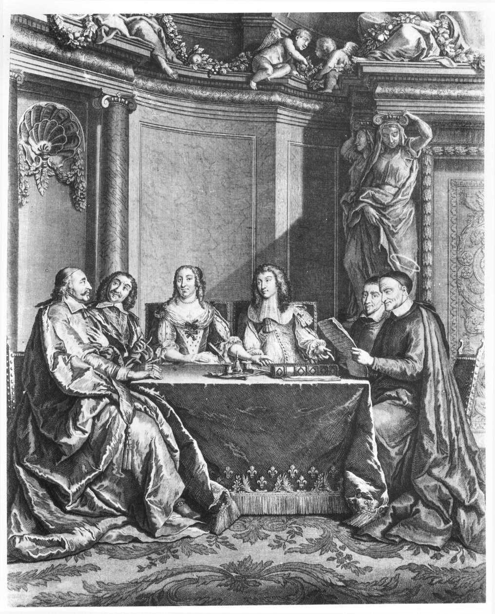 St. Vincent de Paul (1581-1660) och kardinal Jules Mazarin (1602-61) vid Conseil de Conscience av Ludvig XIV (1638-1715) graverade av Gerard Scotin (1643-1715) c.1660 av French School