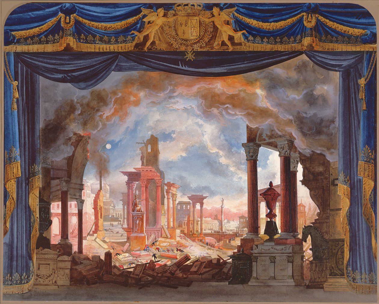 Scenografi för akt III av Le Siege de Corinthe av Rossini (wc på papper) av French School