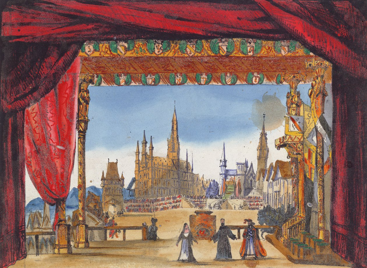 Scenografi för akt V av La Juive, uppfördes första gången på Parisoperan den 23 februari 1835 (wc på papper) av French School