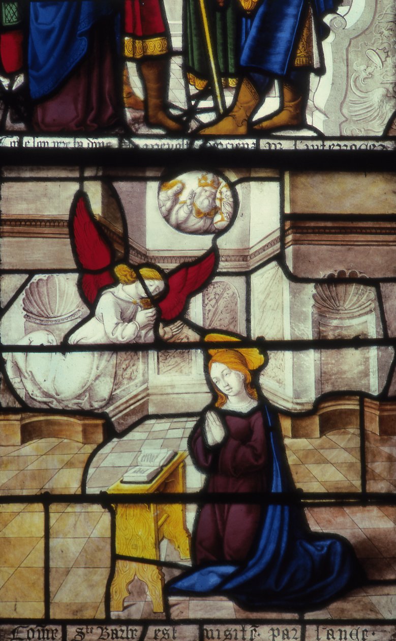 Målat glasfönster i Saint Barbara Chapel, kyrkan Notre-Dame de Semur-en-Auxois av French School