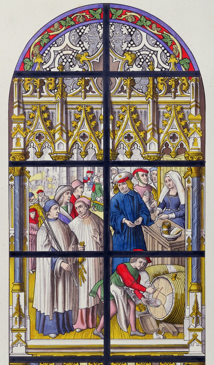 Målat glas från Tournais katedral som illustrerar de skatter som tas ut på öl och vin av biskoparna av Tournai av French School