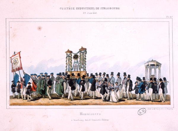 Start av snickarnas procession i Strasbourg den 25 juni 1840 (färglitografi) av French School