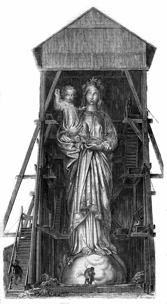Staty av Notre Dame de France vid Puy en Velay (Puy-en-Velay) i Haute Loire (43): modell av statyn som ska smältas från järnet från kanonerna tagna i Sebastopol. Statyn stod färdig 1860 och var 16m hög. Från ett fotografi. Gravyr i "" Le av French School
