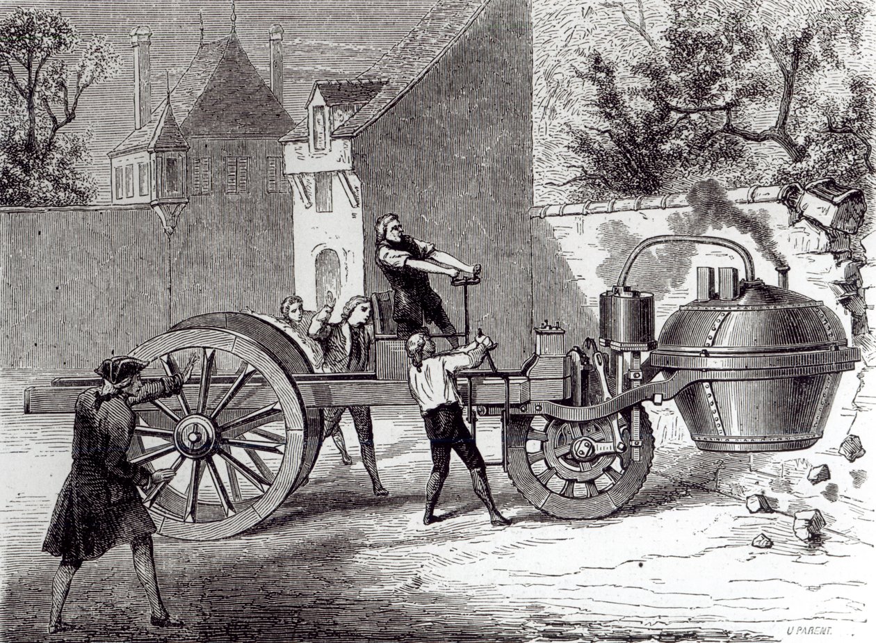 Ångdriven bil uppfann av Nicolas Joseph Cugnot (1725-1804) 1771, 1886 av French School