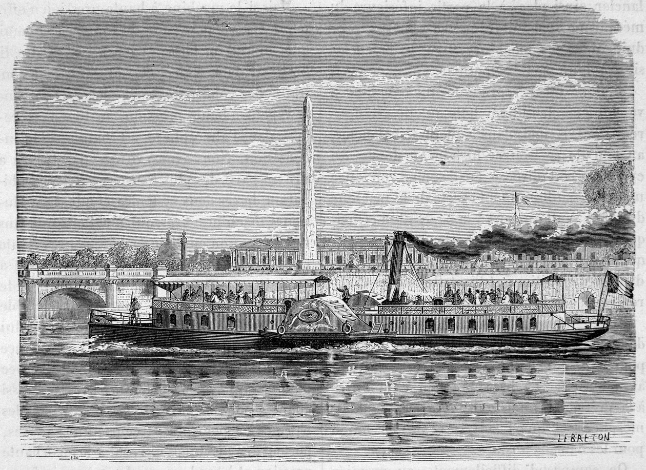 Ångbåt (hjulad) avsedd att utföra omnibustjänsten på Seine i Paris under världsutställningen 1867 - gravyr, sent 1800-tal av French School
