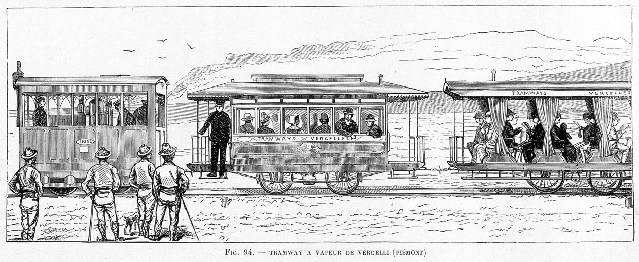 Steam tram of Vercelli (Piemonte) - i "" The new conquests of science"" av Louis Figuier av French School