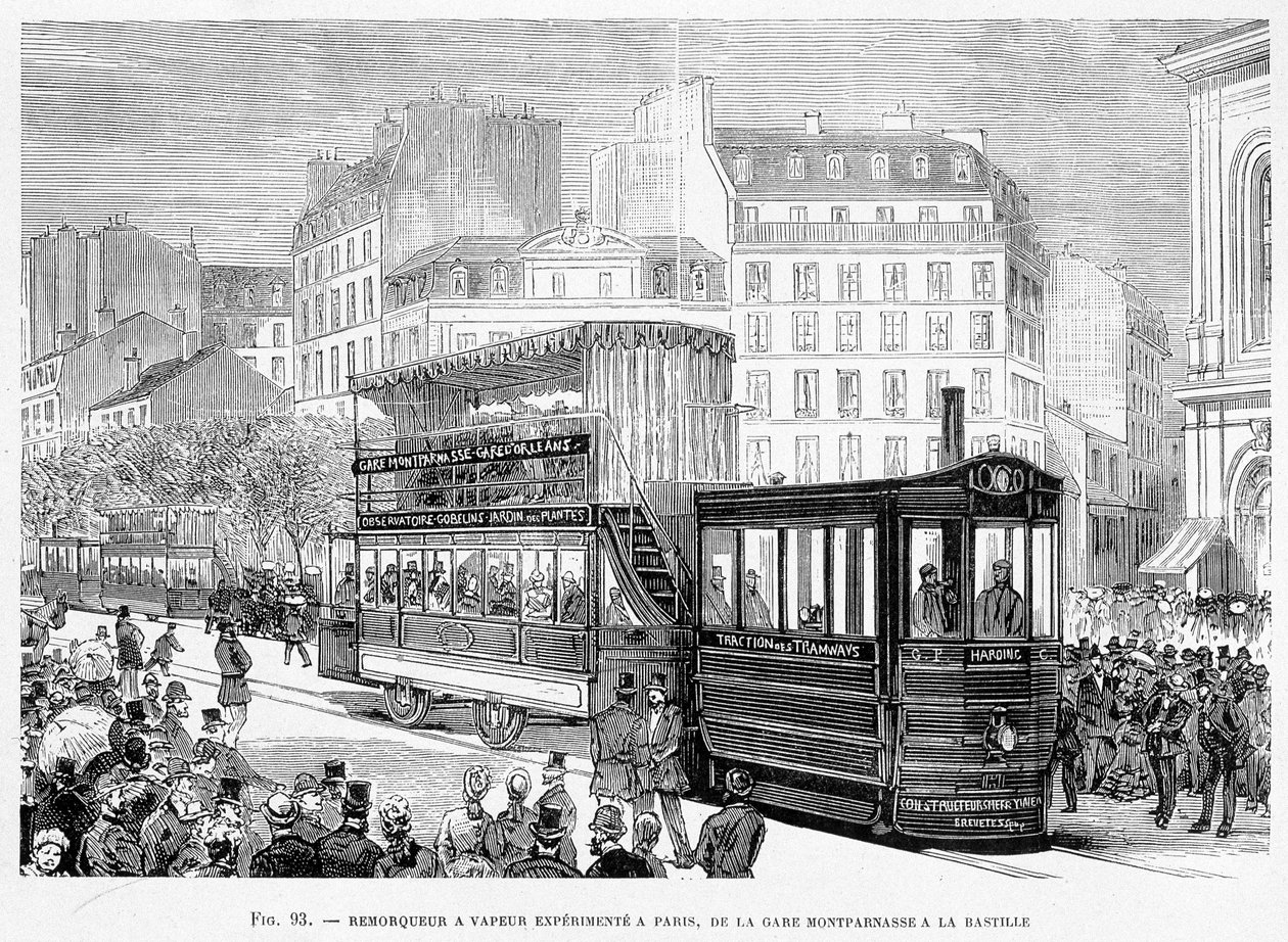 Ångdragare för erfarna spårvägsvagnar i Paris, från Montparnasse station till Bastille - i "" The new conquests of science"" av Louis Figuier av French School