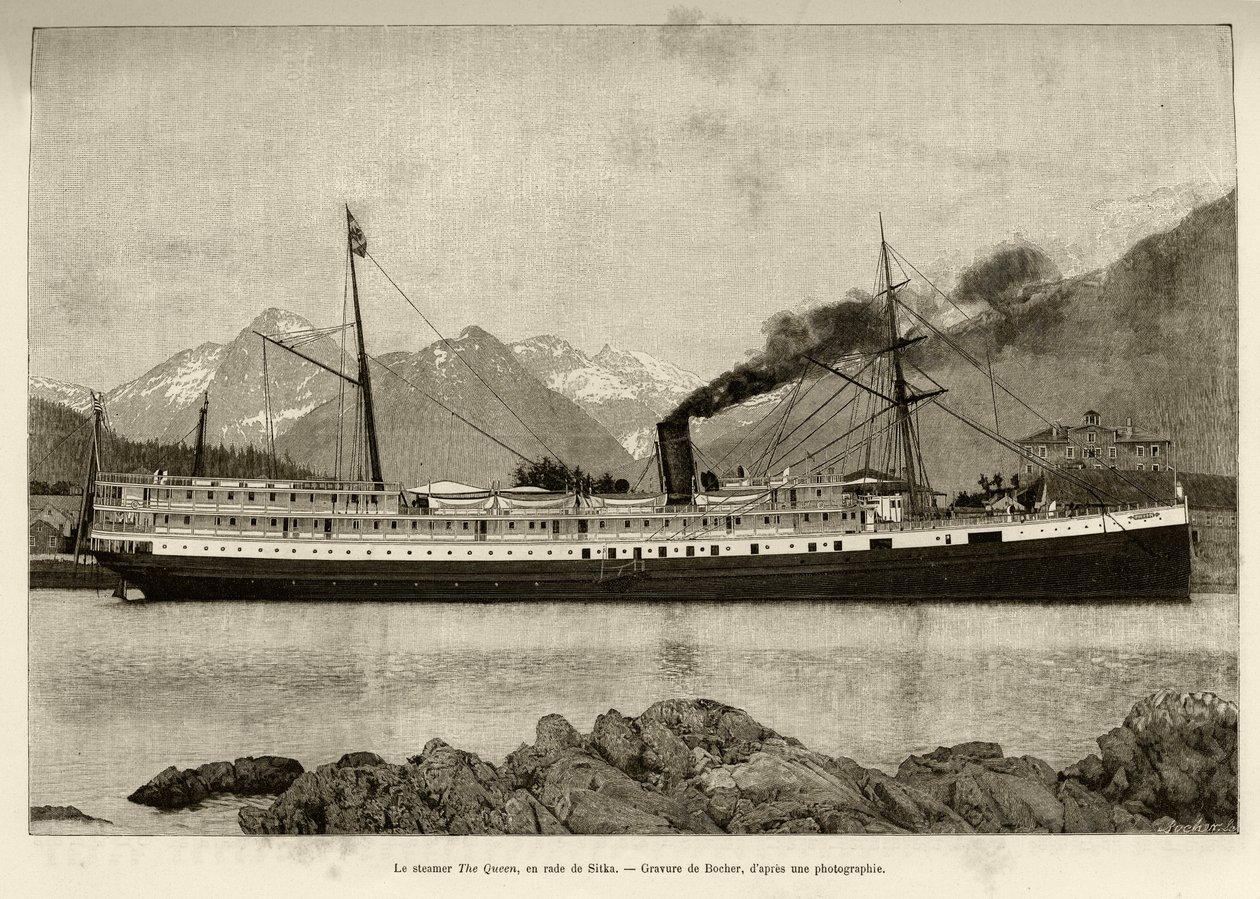 Steamer The Queen, i hamnen i Sitka (Alaska, USA). Gravyr av Bocher, 1890, i Le tour du monde, nouveau journal des voyages, redigerad av Edouard Charton (1807-1890), 2:a terminen 1891, upplaga Hachette, Paris. av French School