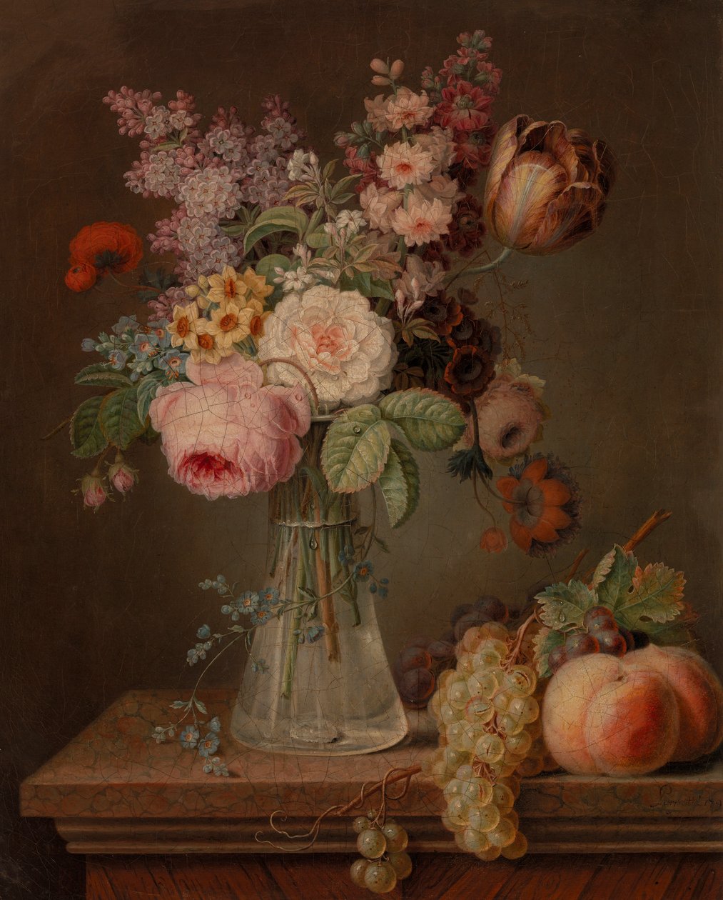 Stilleben med blommor i en glasvas av French School