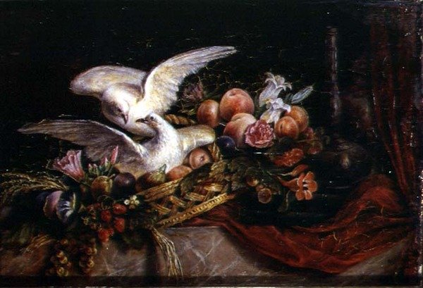 Stilleben med två vita duvor, ca 1840 (akvarell på glas) av French School