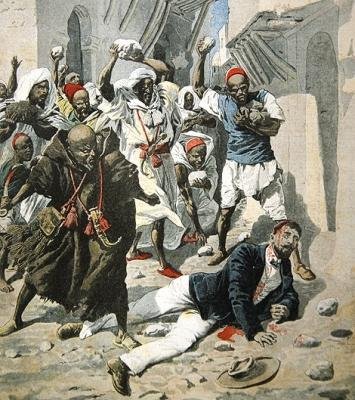 Stening till döds doktor Emile Mauchamp i Marrakech, omslagsillustration av Le Petit Journal, 7 april 1907 av French School